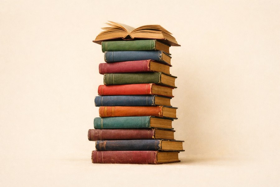 A teetering stack of library books